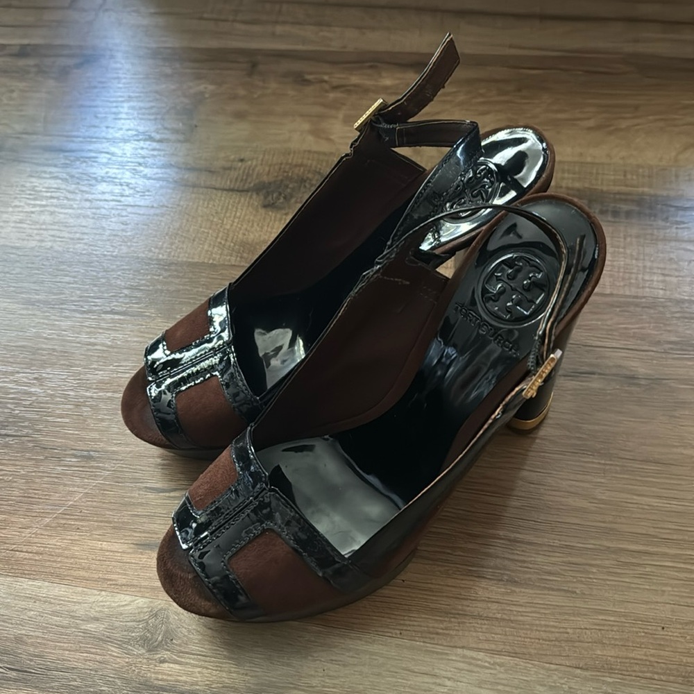 Tory Burch Brown Leather and Suede Platform Heels - size 7